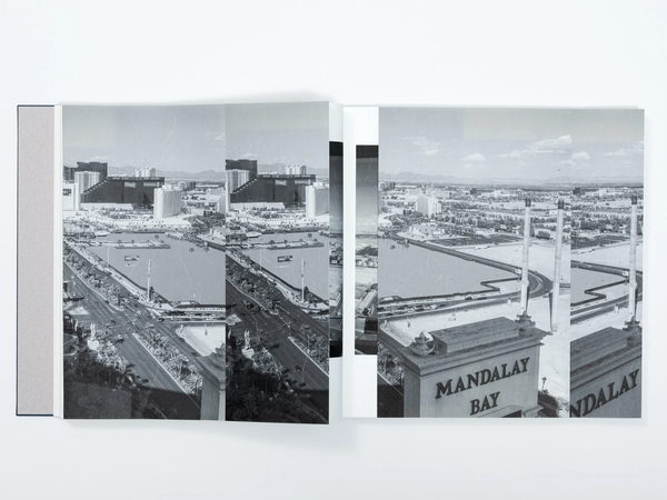 An open photo book where one photograph runs across both pages through the gutter